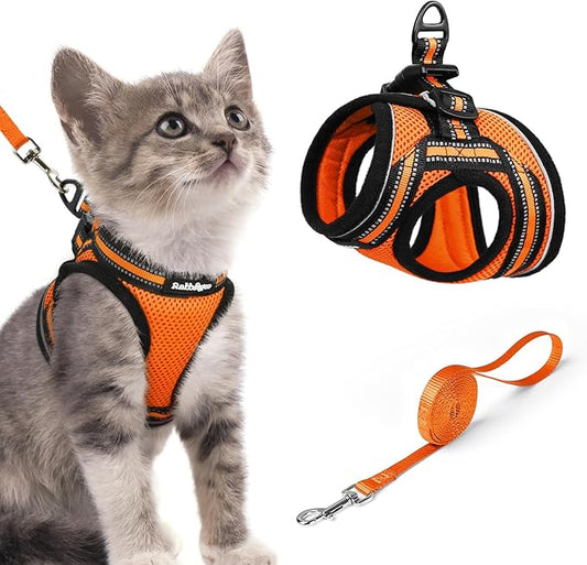 rabbitgoo Cat Harness and Leash Set for Walking Escape Proof, Adjustable Soft Kittens Vest with Reflective Strip for Cats, Comfortable Outdoor Vest,Light Orange,S
