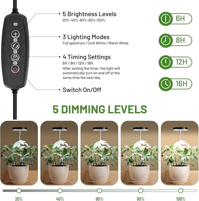 LBW Grow Light for Indoor Plants, Full Spectrum Plant Light with Base, Height Adjustable Plant Growing Lamp with Auto On/Off Timer 6/8/12/16H,3 Colors,5 Dimming Levels, for Small Plants, Black,5 packs