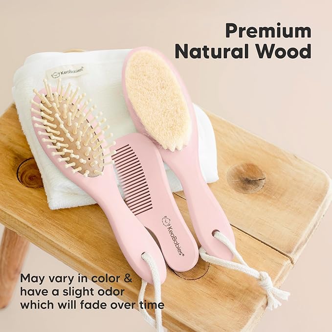 Baby Hair Brush Set for Newborns - Soft Goat Bristle Wooden Baby Brush and Comb Set Newborn Grooming Kit for Cradle Cap, Durable & Gentle, Boy, Girl Infant Essentials Care Kit (Regular, Blush)