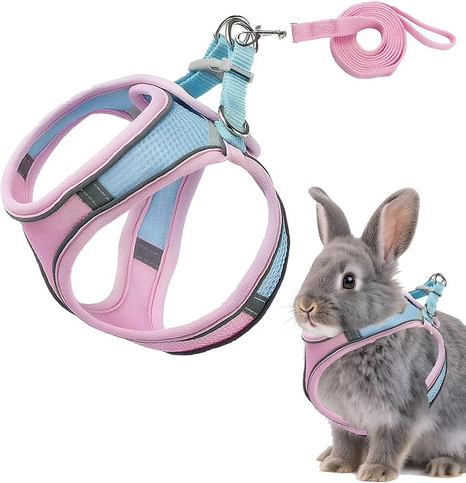 Rabbit Harness and Leash Set Escape Proof, Adjustable Soft Padded Vest, Breathable Mesh Bunny Harness with Reflective Strap, Safe for Small Animals(Pink,M)