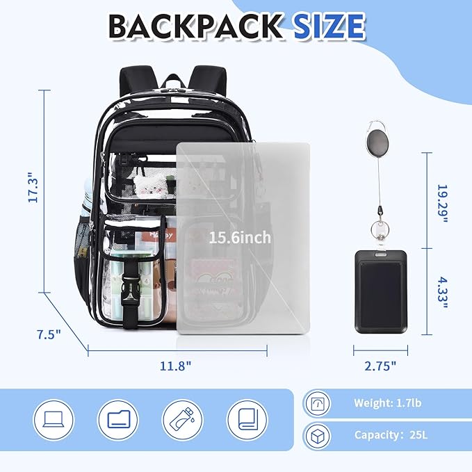 Clear Backpack for School,Transparent Backpack Stadium Events,Heavy Duty Clear Bookbag for Girls,Boys,Work,Sport Black