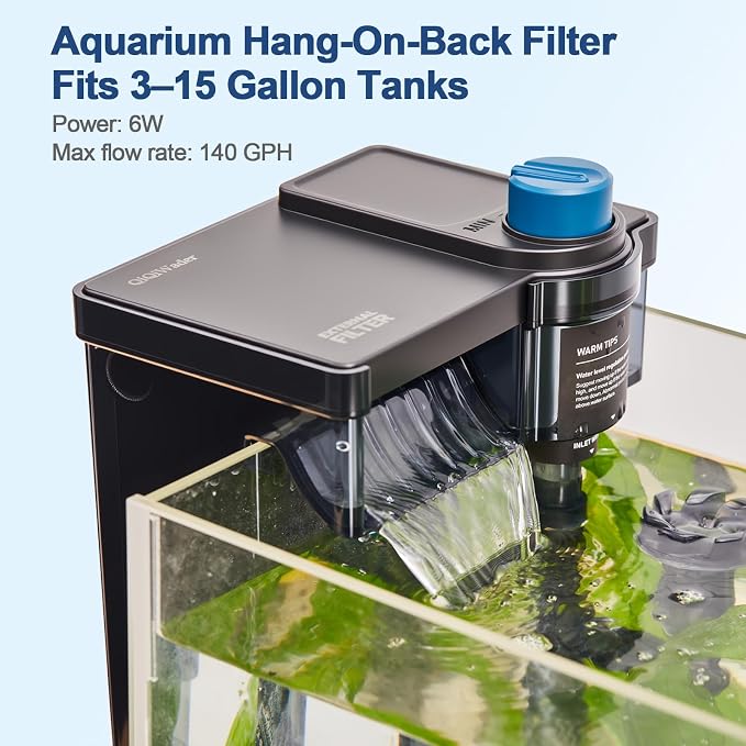 Hang on Back Aquarium Filter，Aquarium Filter，Quiet for 3-15 Gal. | Adjustable Flow, With surface skimmer and sponge guard.Freshwater & saltwater compatible, 6W, 140 GPH.