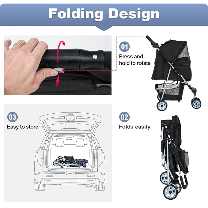 BestPet Pet Stroller Dog Cat Jogger Stroller for Medium Small Dogs Cats Folding Lightweight Travel Stroller with Cup Holder (Black, 3 Wheels)