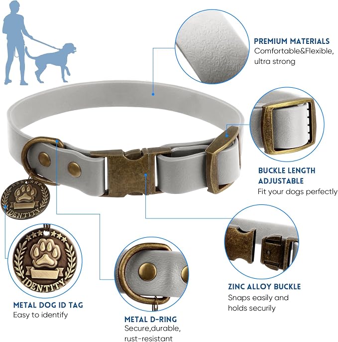 Wisedog Waterproof Dog Collar and Leash Set, Grey, Large | Adjustable Puppy Collar, Cute Tag, 5FT Leash, Includes Poop Bag, For Small Medium Large Dogs