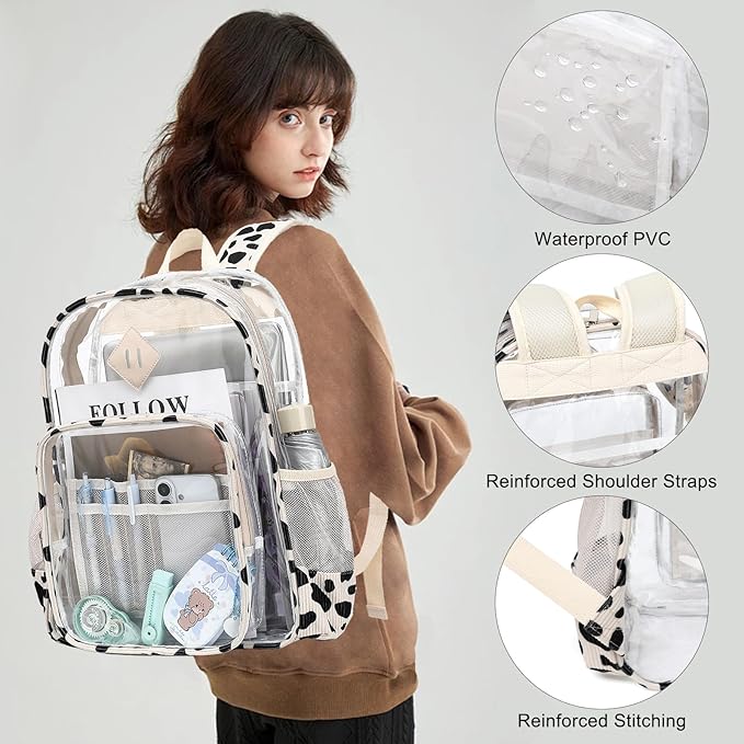Clear Backpack for Girls Women School Bookbag Heavy Duty Transparent Backpacks (Corduroy Cow Print Black)