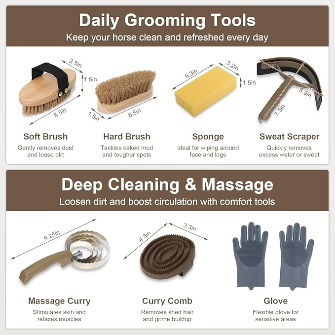 Horse Grooming Kit 14 Pieces, Horse Brushes Set for Grooming & Bathing Supplies, Professional Horse Supplies with Mane & Tail Comb, Curry Comb, Hoof Pick, Gloves & Mesh Tote Bag for Equine Care