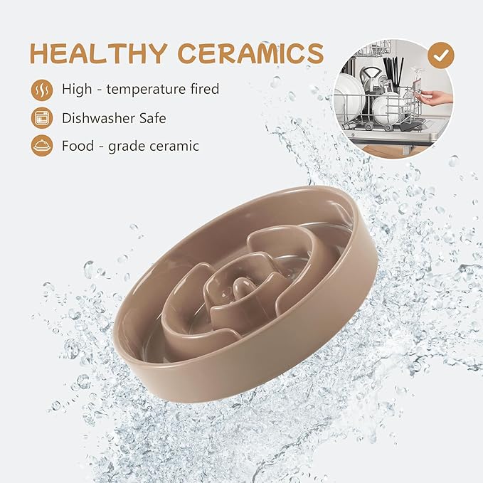Havniva Ceramic 0.9 Cup Raised Slow Feeder Dog Bowl Set, Elevated 6.1inch Water Bowl and 6.1inch Slow Dish with Wooden Stand for Small Dogs(2 x Brown Coffee+ Stand)