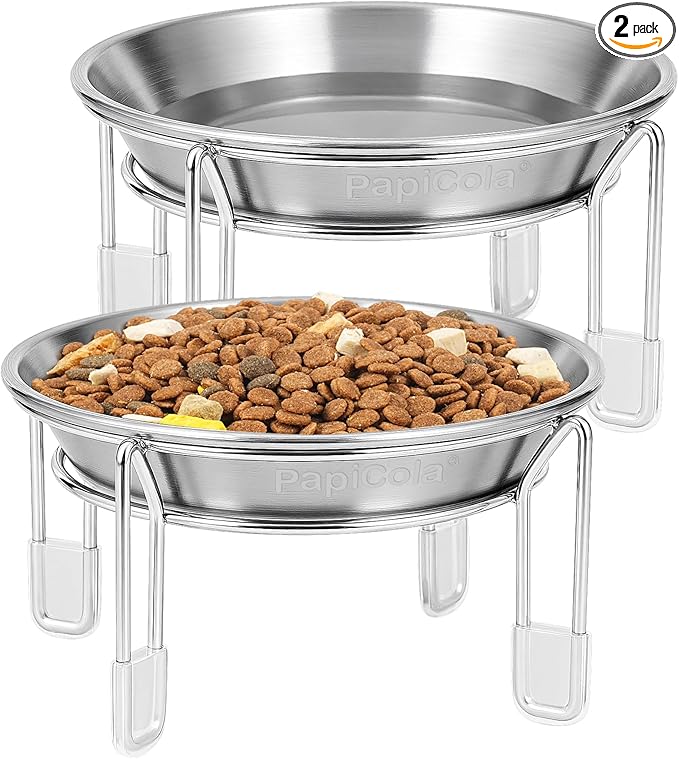 Elevated cat Bowl, 6.3" Wide Raised Stainless Steel Cat Food and Water Dishes, Small Dog Bowl, Whisker Friendly, Anti-Vomiting, Neck Stress-Free, Non-Slip Stainless Steel Stand with 4 Legs- 2Pack