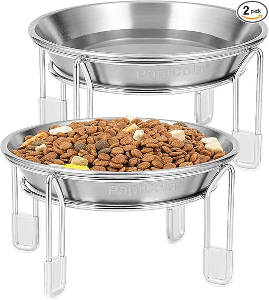 Elevated cat Bowl, 6.3" Wide Raised Stainless Steel Cat Food and Water Dishes, Small Dog Bowl, Whisker Friendly, Anti-Vomiting, Neck Stress-Free, Non-Slip Stainless Steel Stand with 4 Legs- 2Pack