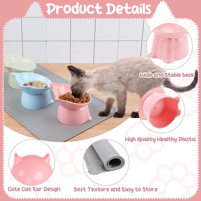 3 Pcs Elevated Cat Bowls 15°Raised Cat Food Bowl with Silicone Mat Whisker Friendly Anti Vomiting Cats Dishes Pet Food and Water Bowls for Indoor Cats Kittens