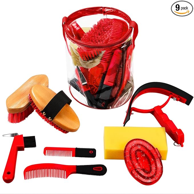 Cunhill 9 Pcs Horse Grooming Kit Tack Room Supplies Set with Tote Bag, Oval Massage Curry, Hard and Soft Brush, Hoof Pick, Sweat Scraper, Bathing Sponge, Comb for Horse Rider(Cute,Red)