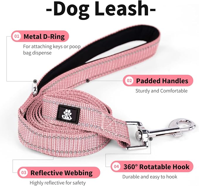IVY&LANE Reflective Dog Collar and Leash Set,Adjustable Neoprene Padded Dog Collars for Puppy, Breathable Nylon Pet Collar for Small Medium Large Dogs(Small,Pink)