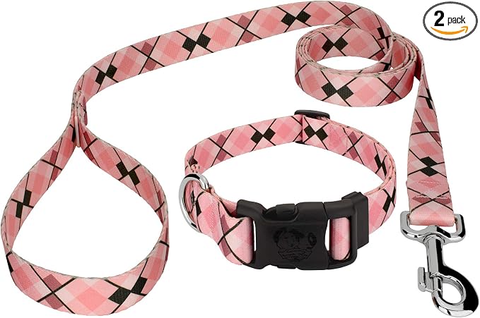 Country Brook Petz - Pink and Brown Argyle Everyday Dog Collar and Leash Limited Edition - Plaid and Argyle Collection Featuring Charming Designs (1/2 Inch, Extra Small)