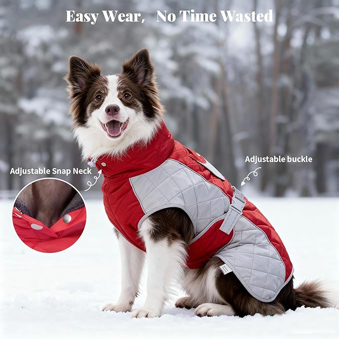Dog Coat Dogs Jacket Waterproof Reflective Adjustable Dog-Winter Coats for Small/Medium/Large Dogs Dachshund Coat-(Red, Large)