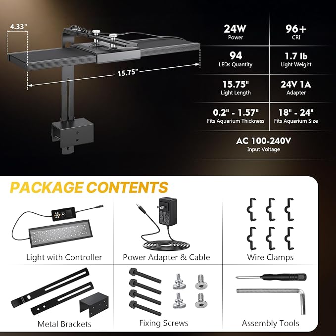 fishkeeper Clip on Aquarium Light for Plants, 6 Row LED Brightness, 24W | 18-24in Full Spectrum Fish Tank Light with 24/7 Natural Mode, DIY Mode, Adjustable Height/Front-to-Back Aquarium Light Riser