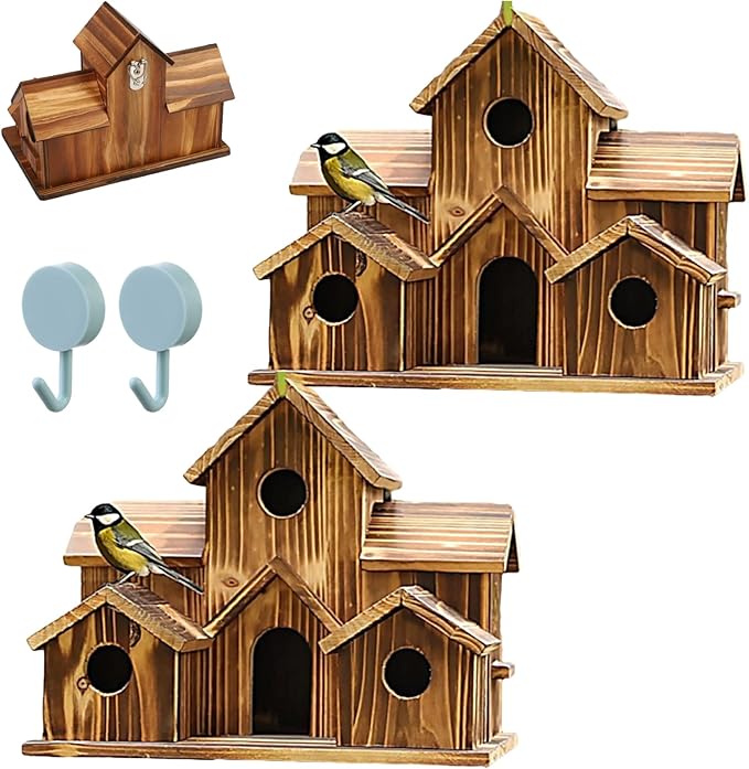 6 Hole Handmade Bird House, Bird Houses for Outside, Hummingbird House, Hanging Nest Box for Birds, Outdoor Wooden Birdhouses for Outside, Backyard, Garden, Patio, Nature Lovers Gift (2pcs)
