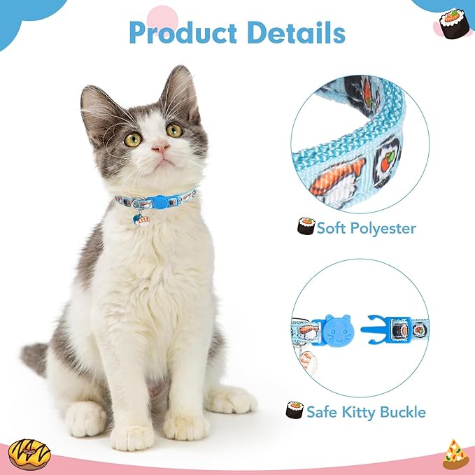 BINGPET Christmas Breakaway Cat Collar with Bell,3 Pack Cat Collars for Girl Cats, Cute Kitty Collars Accessories with Donut & Sushi & Pizzas(Yellow/Pink/Blue)