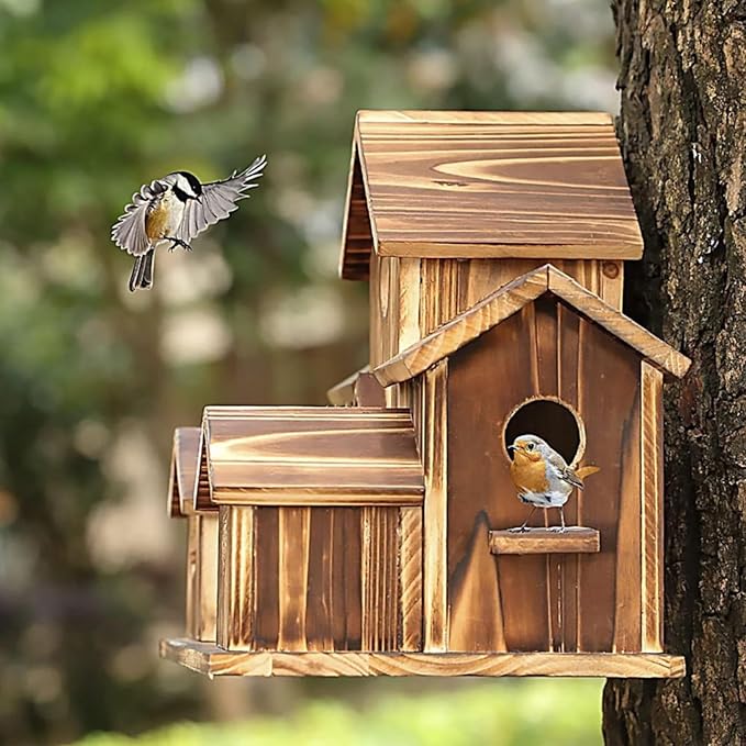 6 Hole Handmade Bird House, Bird Houses for Outside, Hummingbird House, Hanging Nest Box for Birds, Outdoor Wooden Birdhouses for Outside, Backyard, Garden, Patio, Nature Lovers Gift (1pcs)