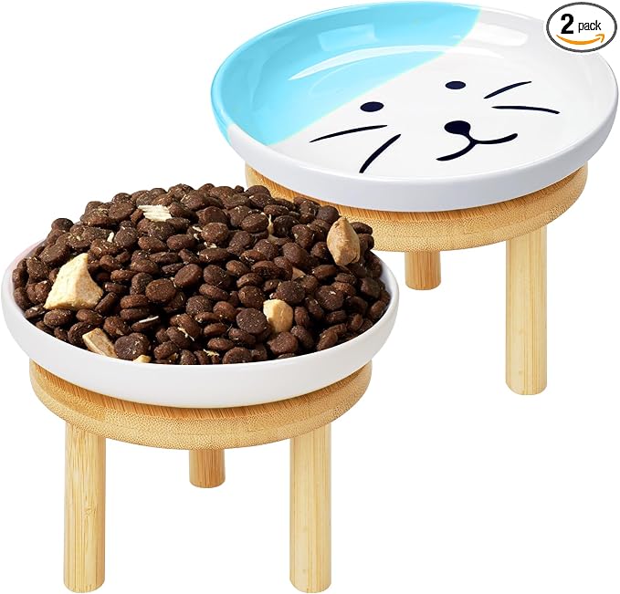 Shallow Elevated Cat Bowls with Bamboo Stand, 5.9 Inch Wide Ceramic Cat Dish Whisker Friendly, 2 Pack Pet Food and Water Plates