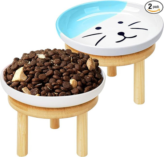 Shallow Elevated Cat Bowls with Bamboo Stand, 5.9 Inch Wide Ceramic Cat Dish Whisker Friendly, 2 Pack Pet Food and Water Plates