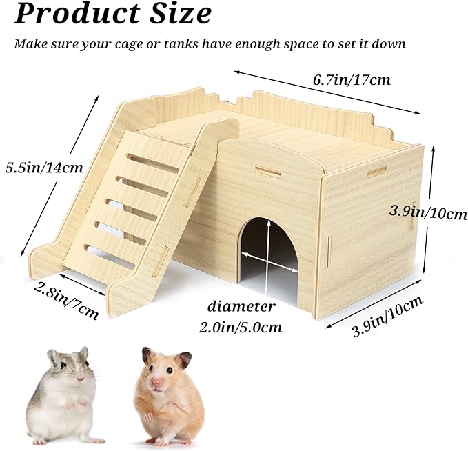 Syrian Hamster Hide with Wooden House, Climbing Ladder and Window, Detachable Hut Play/Chew/Hide