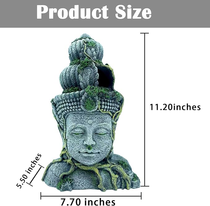 kathson Aquarium Buddha Head Statue Decor Betta Resin Hideout Cave Fish Tank Accessories Sleep Rest Conceal Breed for Fish Shrimp Reptile Amphibian (1 PCS)