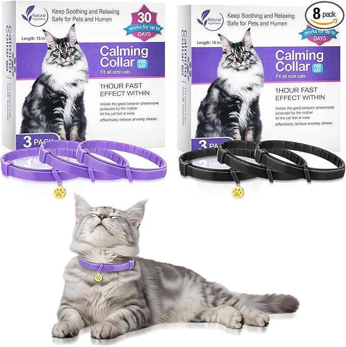 6 Pcs Calming Collar for Cats Adjustable Pheromones Relaxing 180-day Lasting Effect Cat Calming Collar with 2 Gold Pendant for Reduces Stress Anxiety, up to 15 Inches(Purple, Black)