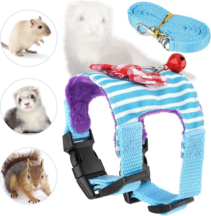 Small Pet Harness Vest and Leash Set with Bowknot and Bell Decor for Gerbil Guinea Pig Squirrel Kitten Outdoor Walking (M, Blue Stripe)