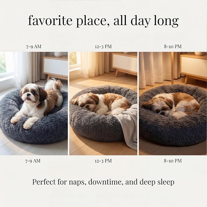 Calming Donut Dogs Beds for Small Dogs Washable,23inch Plush Round Pet Bed for Cozy Sleep,Fluffy Faux Fur Large Cat Bed,Fits up to 25 lbs Pets,Dark Grey