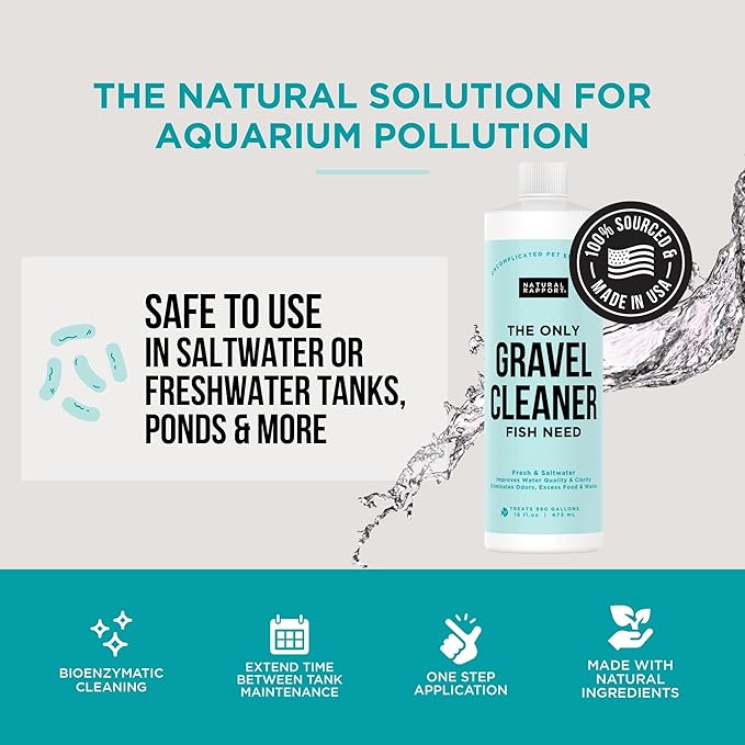 Aquarium Gravel Cleaner - Liquid Gravel Cleaner for Fish Tanks - Naturally Reduces Fish Waste, Ammonia, Nitrite & Odors - Freshwater & Saltwater - No Vacuum Needed - Treats 960 Gallons (16 fl oz)