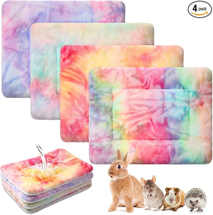 Haull 4 Pcs Waterproof Guinea Pig Bedding Guinea Pig Bed Plush Cage Liners Soft Rabbit Dog Crate Pad Cat Mat Reversible Cozy Animal Pee Pad Hamster Bunny Mat Accessory(Tie Dyed,13 x 10 Inch)