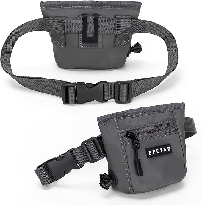 Dog Treat Pouch, Powerful Magnet Closure Device Dog Training Treat Bag Large Capacity Pet Treat Pouch with Poop Bag Dispenser Treat Bag for Dog Training with Metal Waistband Clip (Deep Gray)
