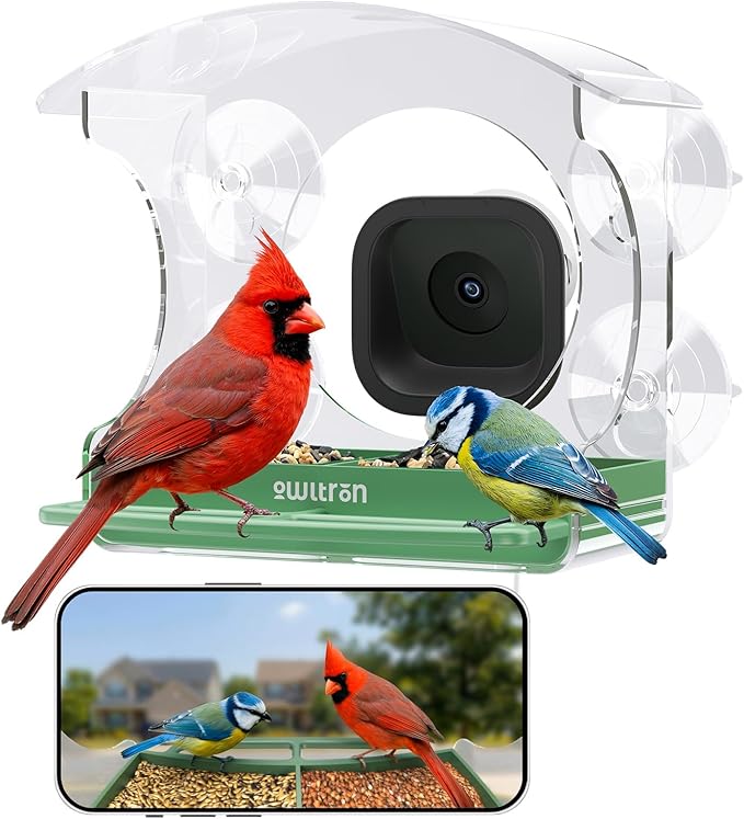 owltron Window Bird Feeder with Camera, 2K 3MP Window Bird Friends Feeder with AI Identify 10000+ Birds 2.4/5GHz WiFi 24/7 Live View Recording 147°Ultra Angle for Elderly Parents, Kids, Birding Lovers