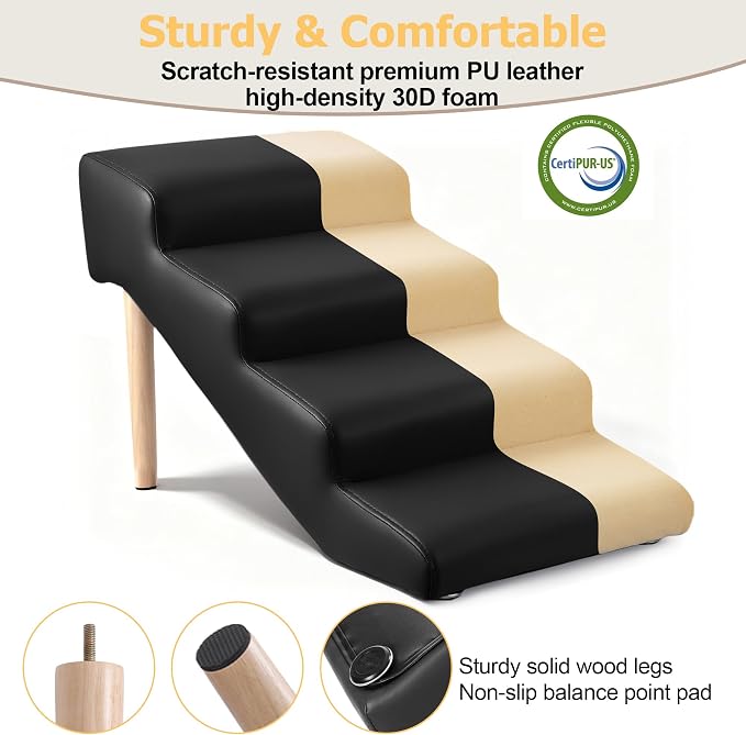 4-Step 18" H Dog Stairs for Bed Couch, Waterproof & Scratch PU Leather Pet Steps for Small Senior Dogs and Cats, Dog Ramp with 220 lbs Maximum, Oak Leg & Solid Wood, Non-Slip Feet, Black