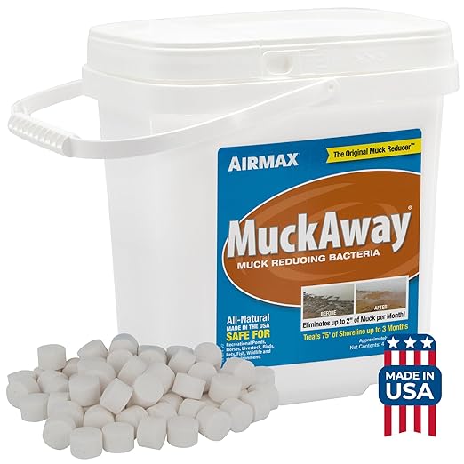 Airmax MuckAway Natural Beneficial Bacteria for Outdoor Ponds & Lakes, Muck, Sludge & Noxious Odor Solution, Easy to use Enzyme Tablets, Cleaner Beach & Shoreline, Fish, Pet & Wildlife Safe, 8 Scoops