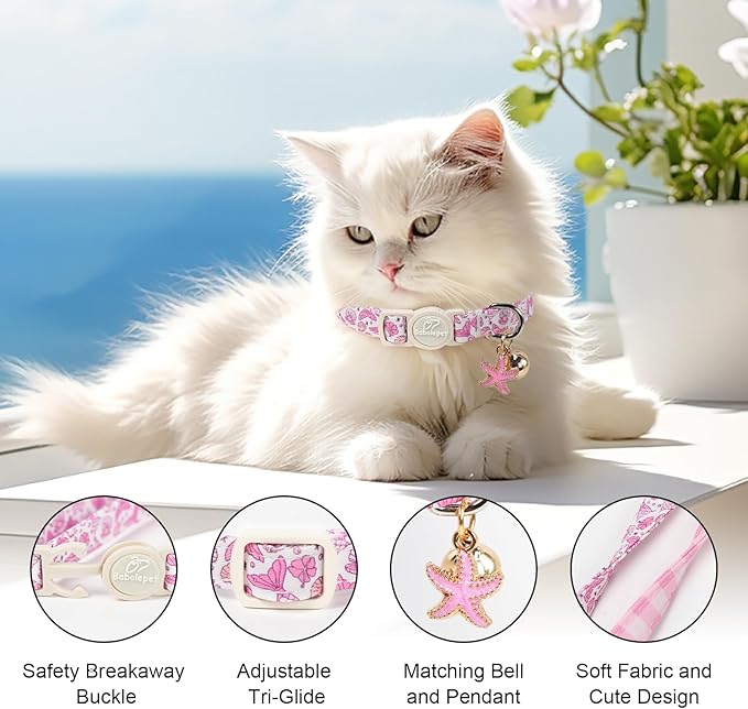 2 Pack Pink Cat Collars - Summer Breakaway Girl Cat Collars, Adjustable Kitten Safety Collar for Small Dogs Puppy, Cute Plaid & Mermaid Pet Collar with Bell & Pendant