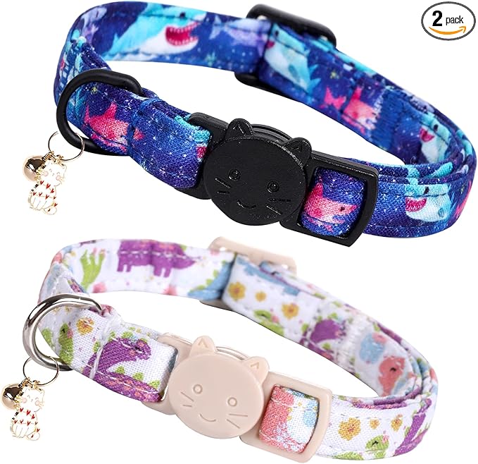Elegant little tail 2 Pack Cat Collar-Dinosaur & Shark Cotton Breakaway Cat Collars with Bell Pendant Kitten Boy Cats Safety Adjustable Collar for Small Cats Puppy