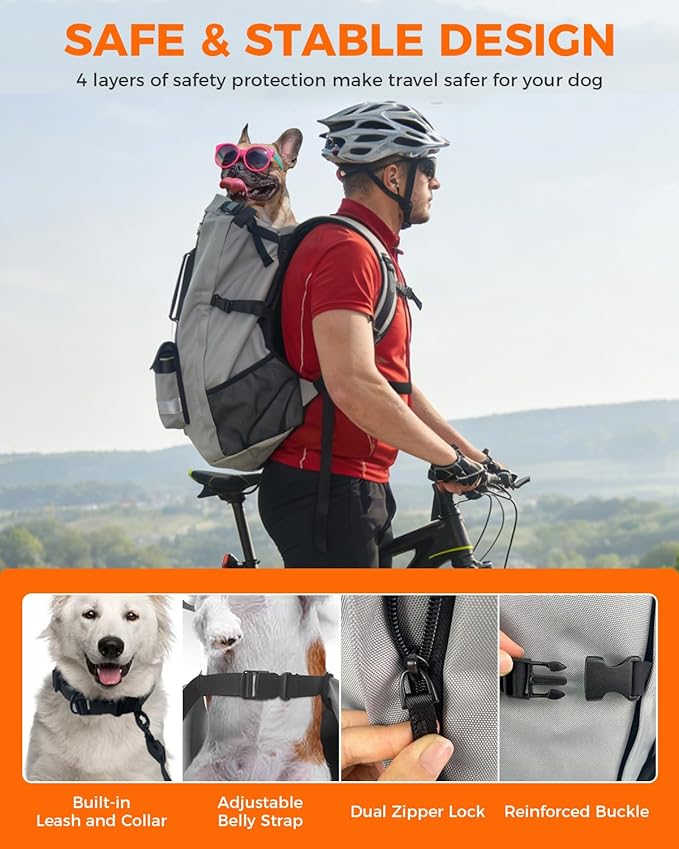 Dog Backpack Carrier for Medium Dogs - 4-Layer Protection, Under 30 lb, Waterproof, Adjustable Dog Hiking Backpack with Storage Pockets, Reflective Strips, Non-Slip Handle for Travel - Grey
