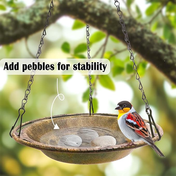 Hanging Bird Bath & Feeder Bowl, 12 in Outdoor Bird Bath with Chains, Durable Weather-Resistant PP, Antique Copper Finish, Backyard Garden Decor