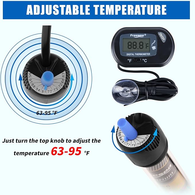 FREESEA 50 Watt Aquarium Submersible Betta Heater with Aquarium Submersible Thermometer | 50W Powered - Stable Temperature Maintain Fish Tanks Warm in Winter - Overheat Protection & Thermometer Included