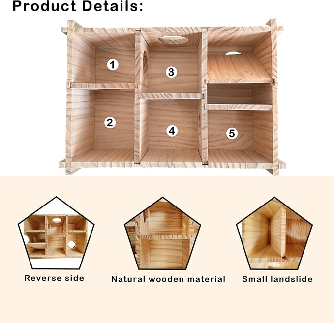 Multi Room Hamster Hideout,Wooden Hamster Multichamber House Platform,Chamber-Maze Gerbil Hideout Wood Tunnel Pet Rat Cage Accessories