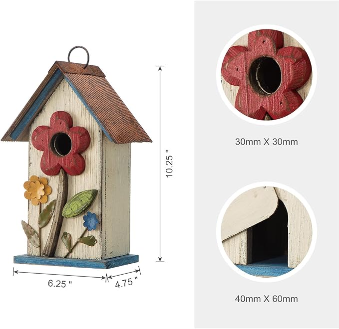 Glitzhome Hanging Bird House for Outdoor,10.2" H Patio Garden Decorative Birdhouse Pet Cottage Wooden Distressed Birdhouse with 3D Flowers for Bluebird,Hummingbird,Sparrow,Wren Finch, Washed White
