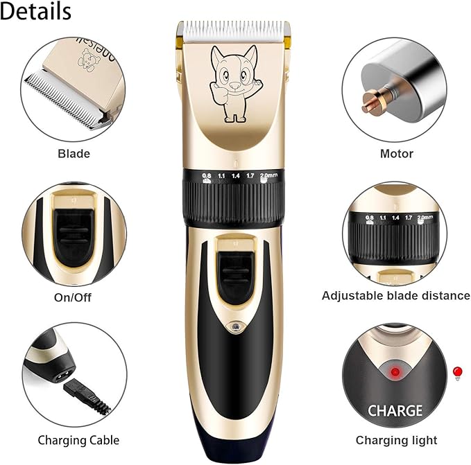 Highdas Dog Clippers for Grooming Rechargeable, Electric Dog Grooming Kit Clippers Low Noise, Cordless Quiet Dog Shaver, Pet Hair Trimmer Set for Dogs, Cats, Pets (Gold)