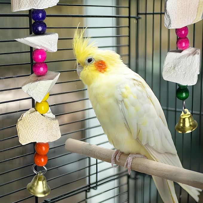 Hamiledyi 2 Pack Bird Toys with Five Cuttlebone - Natural Calcium Chew Toy for Beak Grinding, Hanging Wooden Cage Accessories for Parakeets, Budgies, Cockatiels, Lovebirds(Style A)
