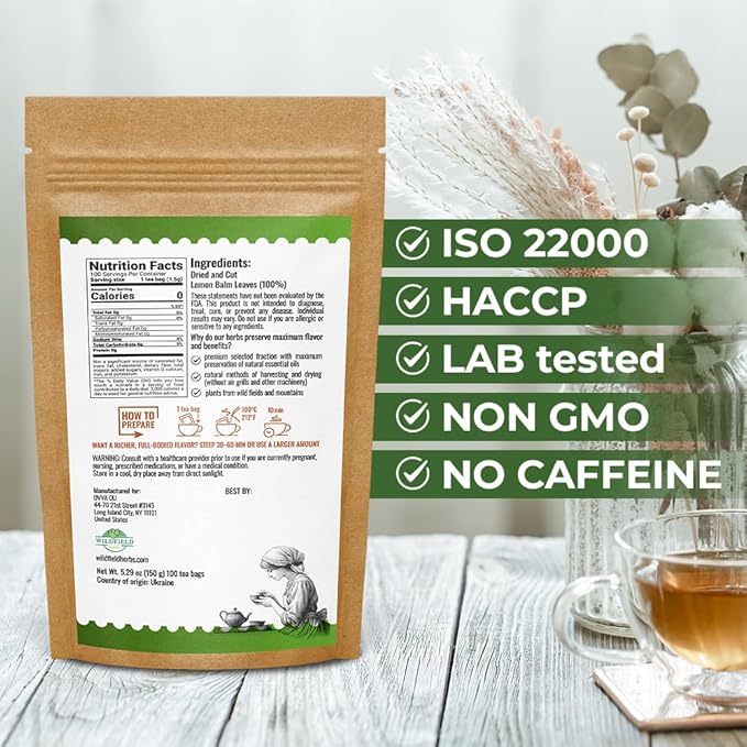 100 Bags Dried Lemon Balm Herb Frontier Loose Lemon Balm Tea (Melissa Officinalis Tea) - 100 Count 1.5 g Bags Melissa Herb Te De Toronjil