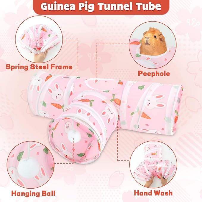 YUEPET 5.9" Guinea Pig Tunnels & Tubes Collapsible Pet 3 Way Play Tunnel Toys Small Animal Hideout Hideaway for Guinea Pig Chinchilla Ferret Hamster Rat(Pink)