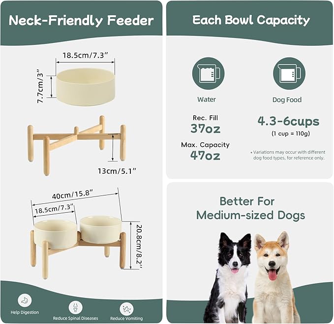 Havniva Ceramic 7.3inch Raised Double Bowls Set with Wooden Stand, Food & Water Bowls for Medium Breed Dogs, Weighted Dog Dishes, Pet Feeder(Light Yellow)