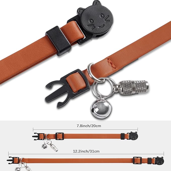 WROSWT Upgrade Breakaway Cat Collar with Bells, Soft Leather Kitten Collars with Name Tag,Safety Adjustable Buckle,Lightweight,Ideal for Girl Boy Cats,Puppies,2 Pack (Pink+Orange)