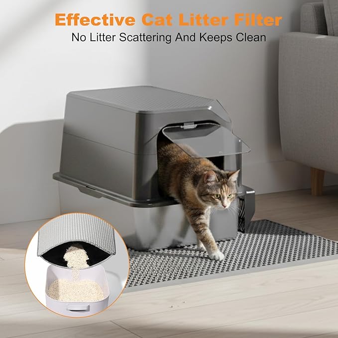 Extra Large Stainless Steel Cat Litter Box Enclosed with Lid - 24" x 16" x 17" Metal Cat Litter Box XXL, Front Entry High Side Kitty Litterbox with Scoop & Mat, Anti Leakage, No Sticky