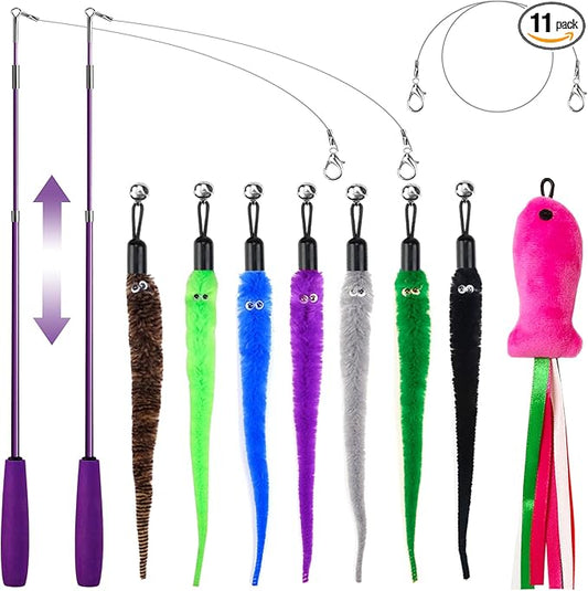 Cat Toys for Indoor Cats, 11PCS Interactive Cat Toy Wand Pack, 2 Retractable Cat Wand & 7PCS Worm Teaser Refills, Plush Fish Kitten Toys, Cat Feather Fishing Pole Toy for Play Chase Exercise